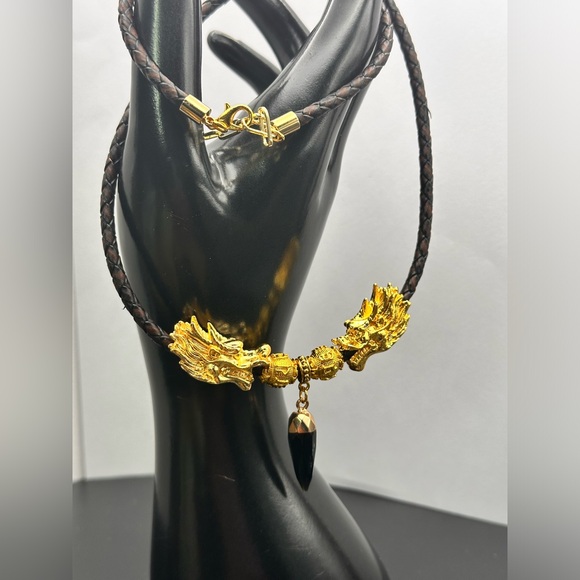 DRAGONS HEAD + ONYX NATURAL CHOKER NECKLACE size adjustable - Picture 3 of 11